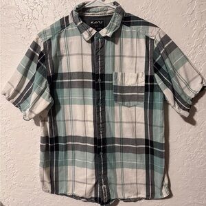 Kavu Mens Teal/White/Black Plaid Short Sleeve Button-down Shirt